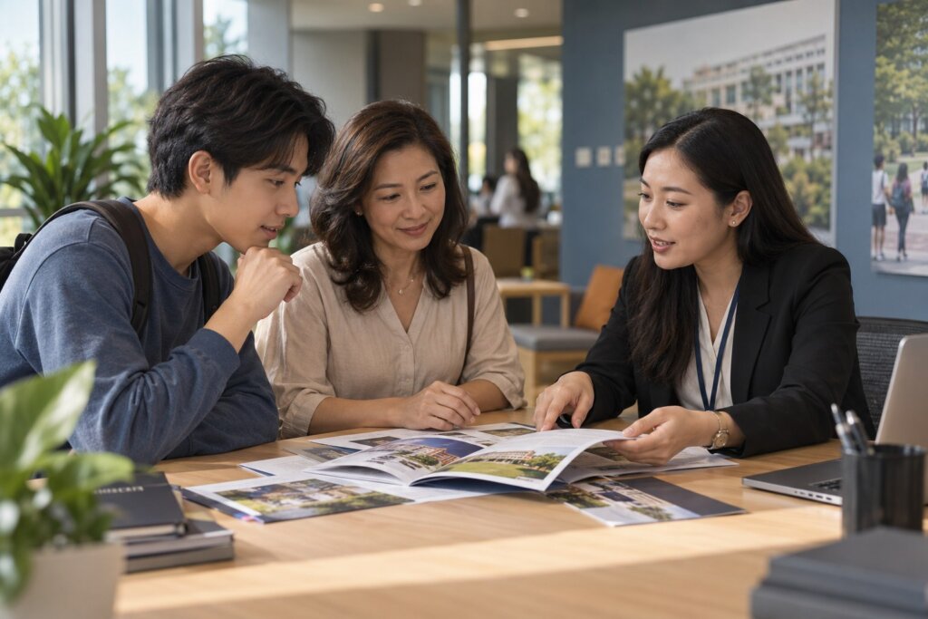 A student and parent reviewing degree pathway programme documents with an admissions adviser at a private university in Southeast Asia.