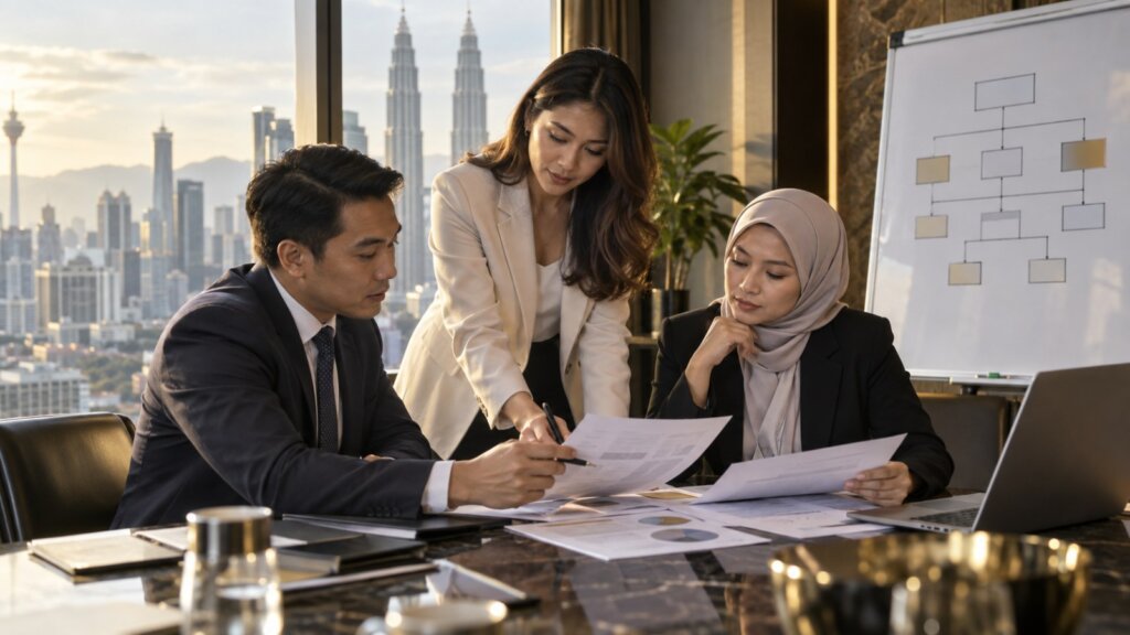 Business executives reviewing company documents and an organisation chart before an Asia Record application